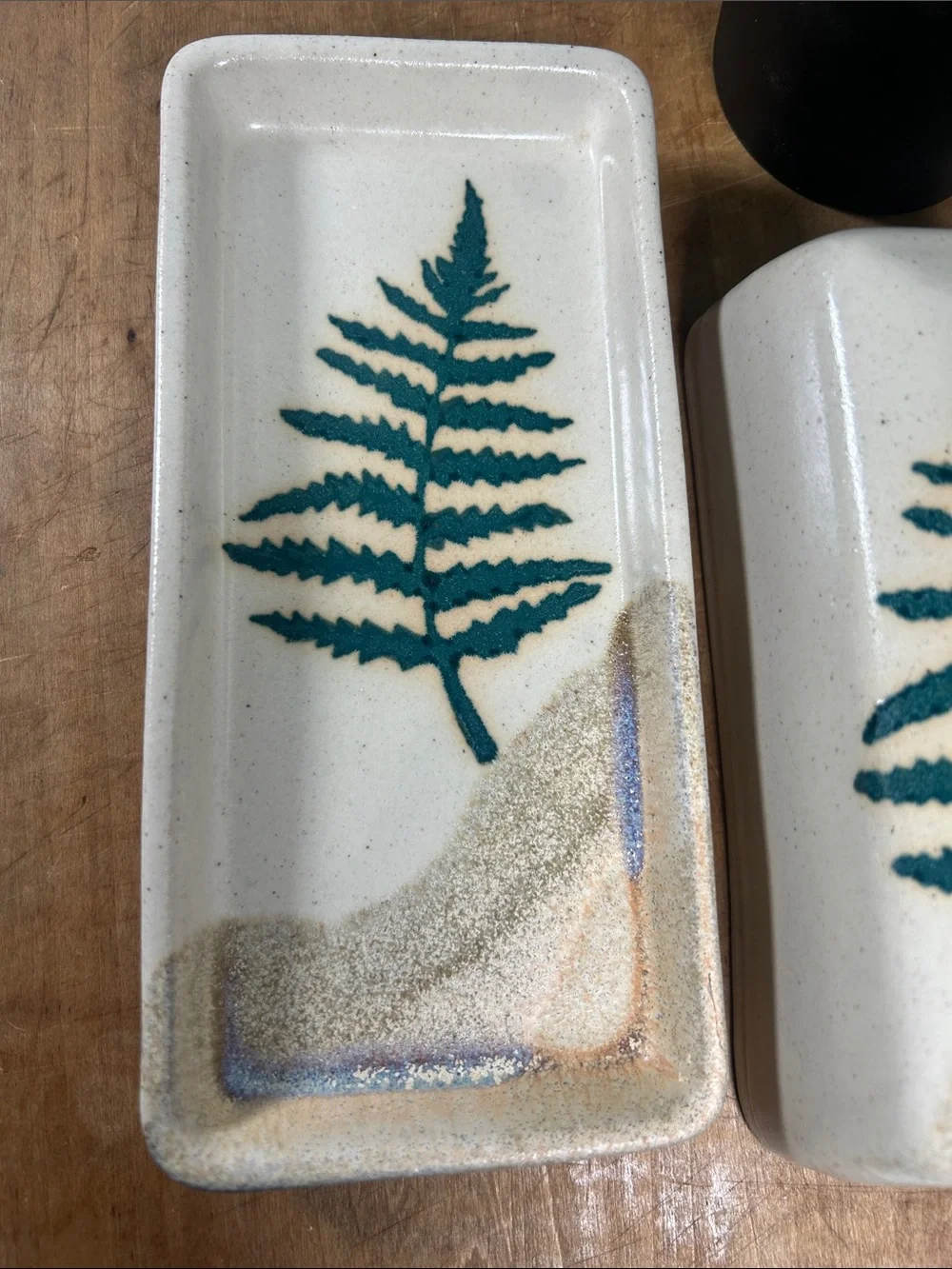 Stoneware Butter Dish Studio Pottery Handmade w/ Green Fern Motif Artist Signed